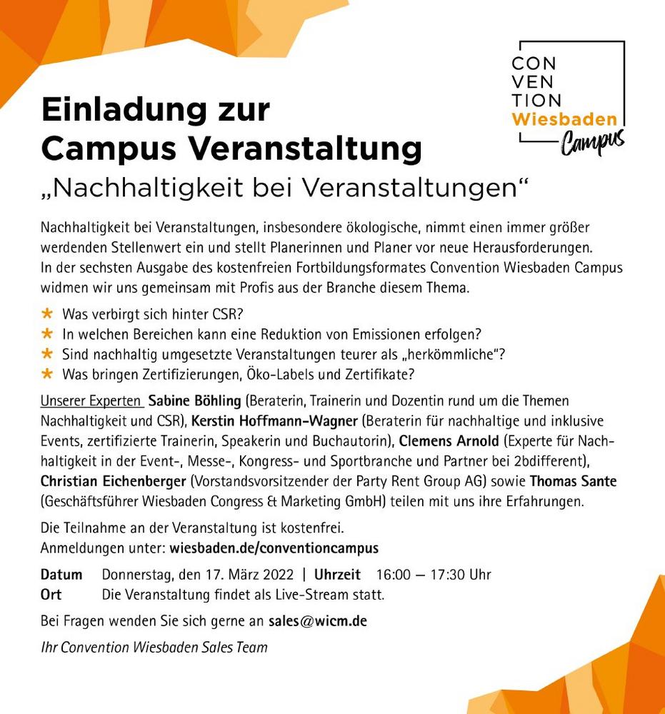 Convention Wiesbaden Campus – Nachhaltigkeit bei Veranstaltungen (Vortrag | Online)